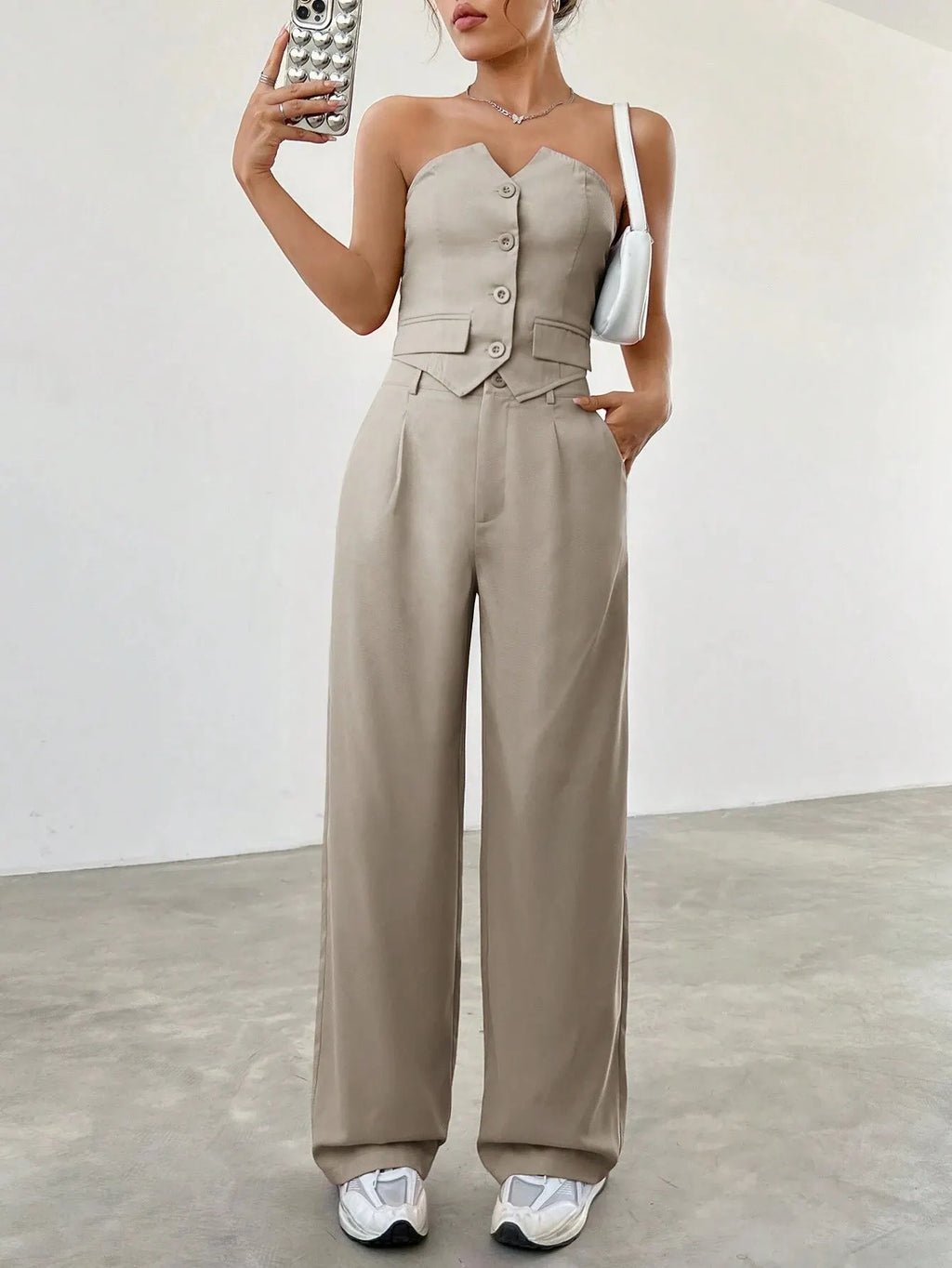 Conjunto Feminino CalÃ§a e Cropped Bege JÃºlia