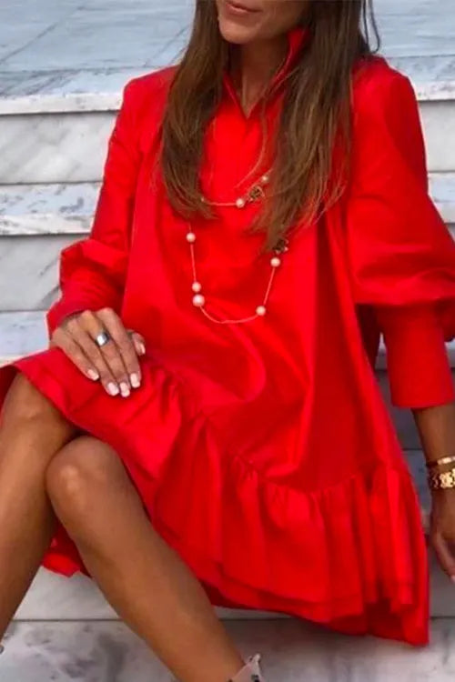 V Neck Lantern Sleeve Ruffle Layered Dress