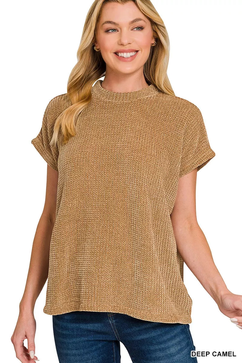 Zenana Chenille Waffle Cap Sleeve Sweater