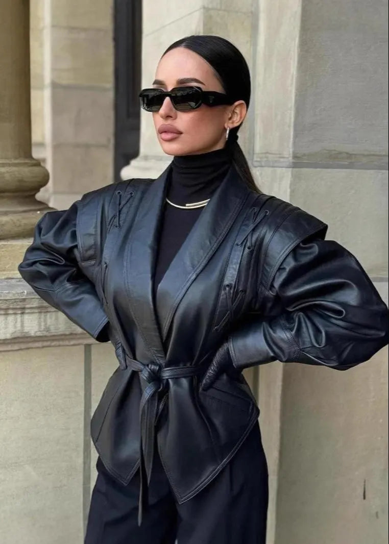 Trendy Black PU Leather Women's Blazer with Belt