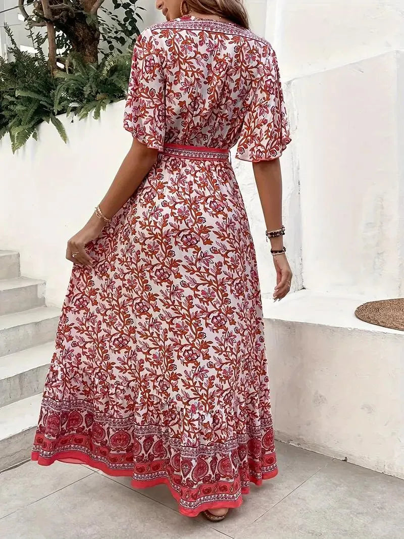 Fließendes Blumen-Maxikleid mit V-Ausschnitt & Bindegürtel