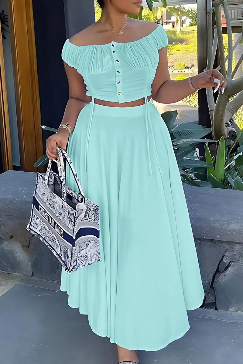 Elegant Solid Patchwork Draw String Buckle Off the Shoulder Short Sleeve Two Pieces
