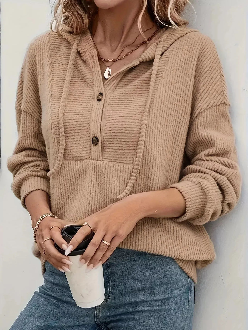 Button-Front Drawstring Hoodie