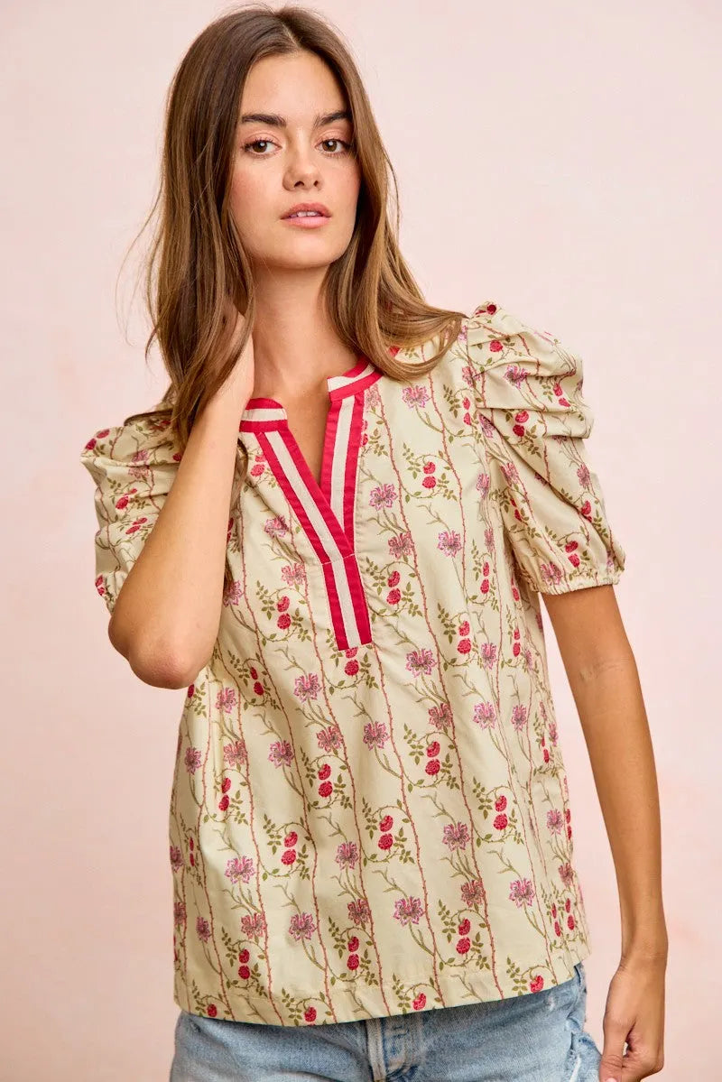 BiBi Floral Gather Sleeves Contrast Neckband Blouse Top