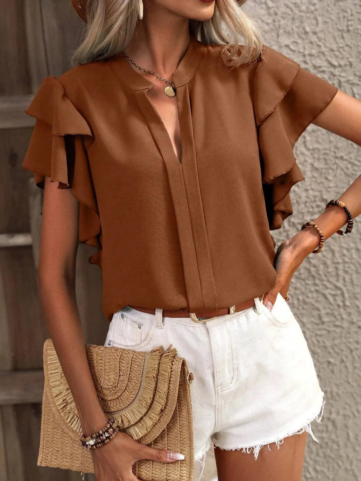 Ruffle Sleeve Notched Blouse