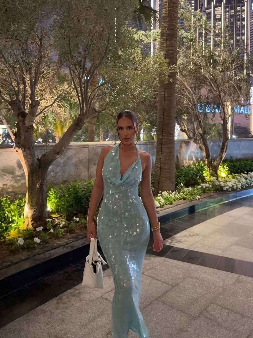 Blue Sequin Maxi Dress for Women with Halter Neck