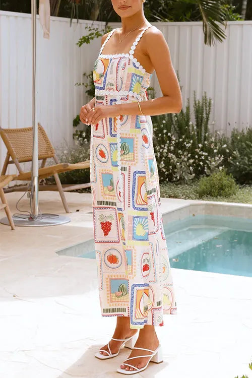 Tie Back Ric Rac Trim Unique Print Maxi Cami Holiday Dress