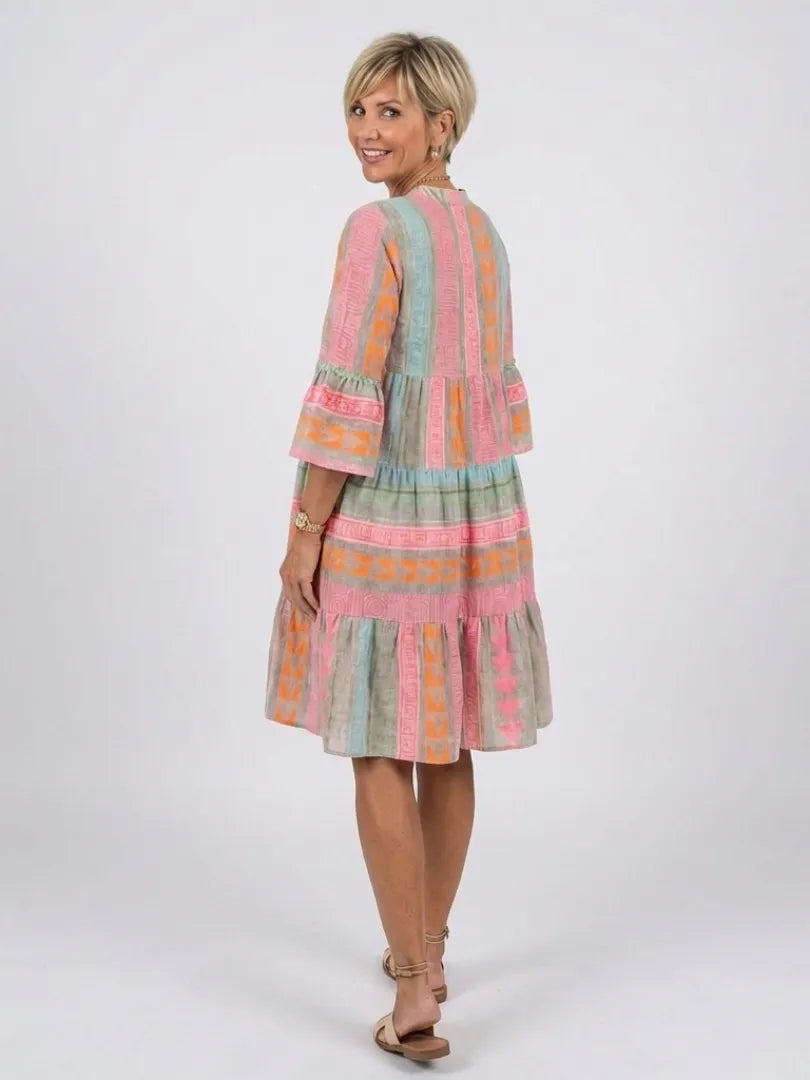 Maelle | Geometric Print V Neck Tiered Knee Length Dress
