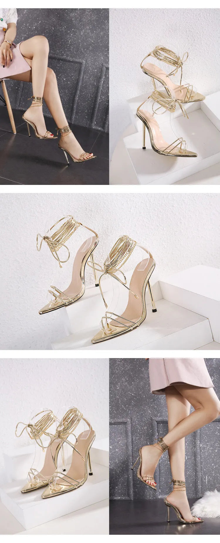 Lace-up stiletto heels and chain