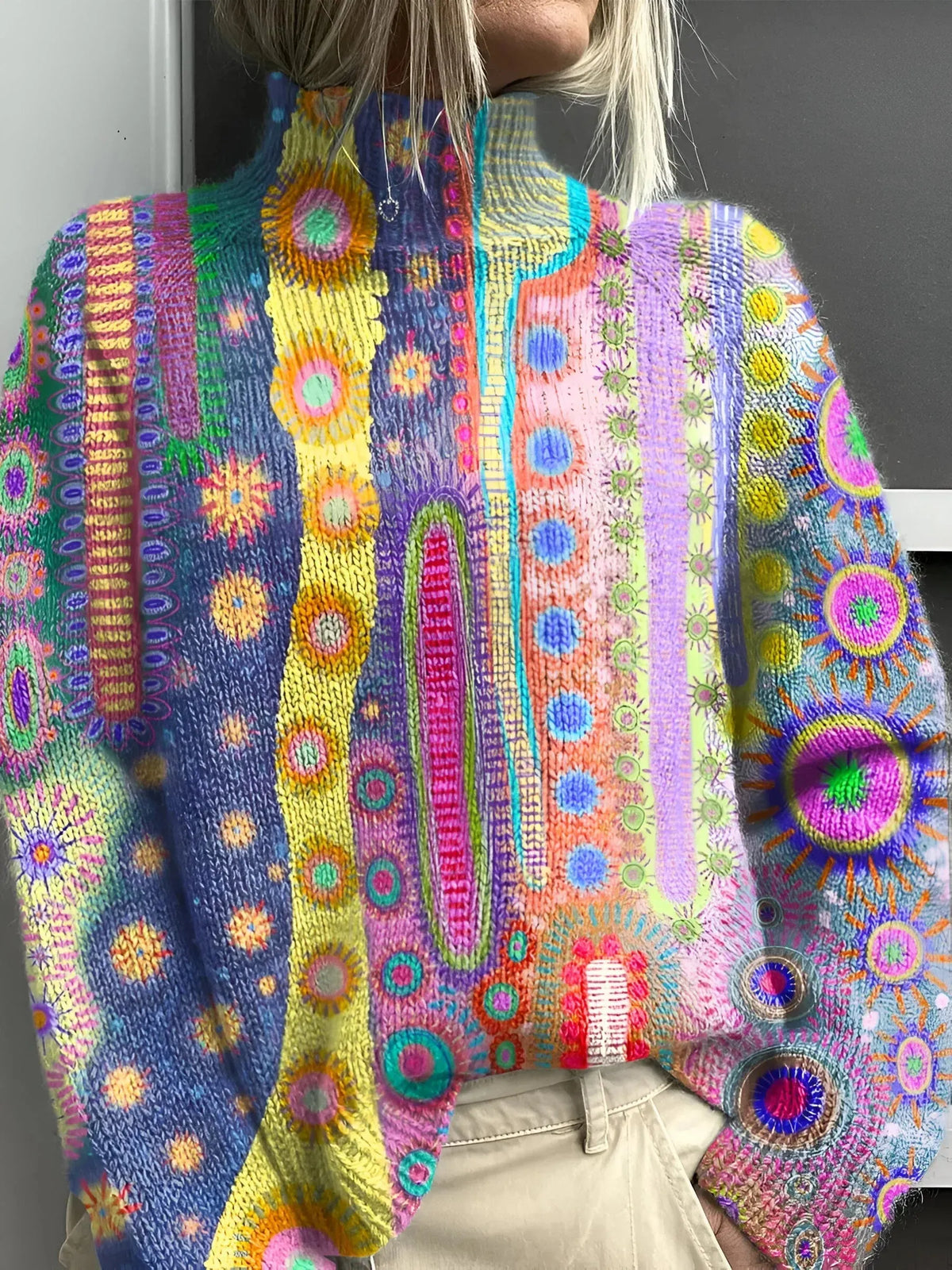 Daphne - Farverig Strik Rullekrave Sweater