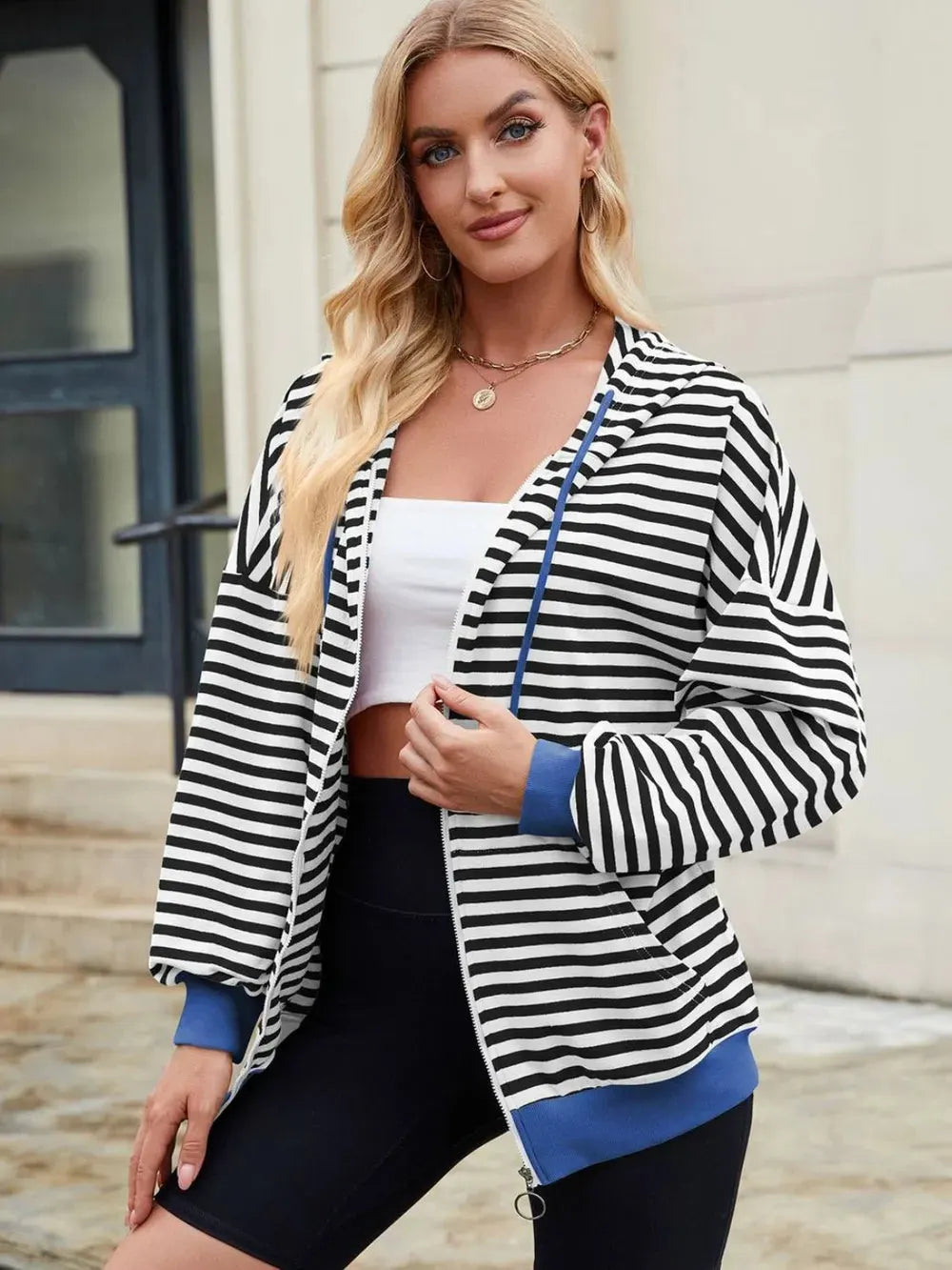 Drawstring Striped Zip Up Long Sleeve Hoodie