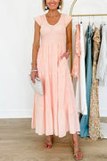 V Neck High Waist Pocketed Ruffle Swing Midi Dress