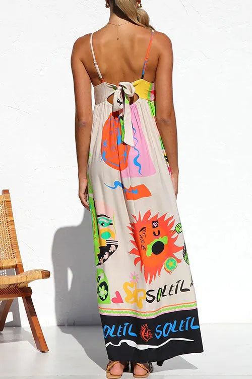 Tie Back Cut Out Graffiti Print Flowy Maxi Cami Dress