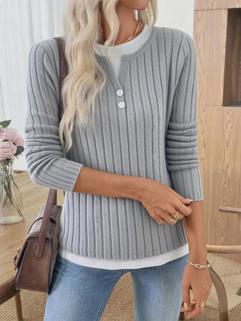 Ribbed Knit Button Detail Contrast Sweater