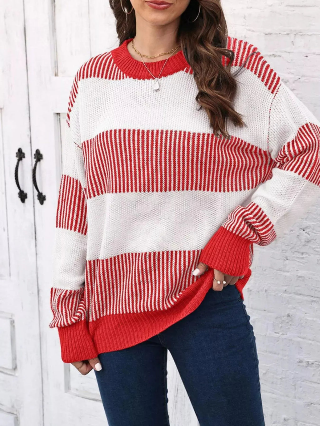 Full Size Color Block Dropped Shoulder Sweater Plus Size