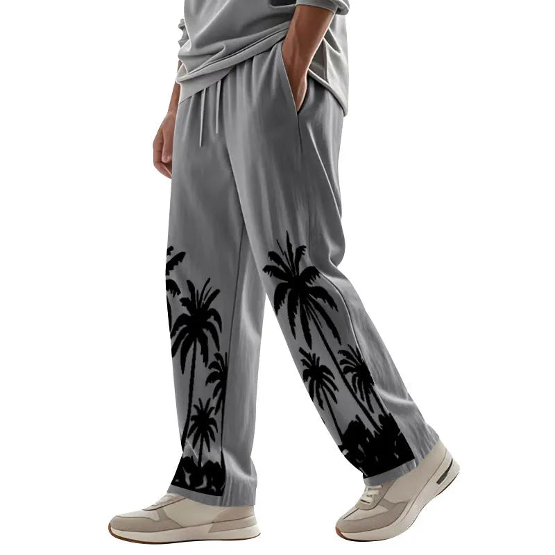 Herren nan weite Freizeit-Hose aus Baumwoll-Leinen-Mix mit Palmenprint, Elastikbund und Kordelzug
