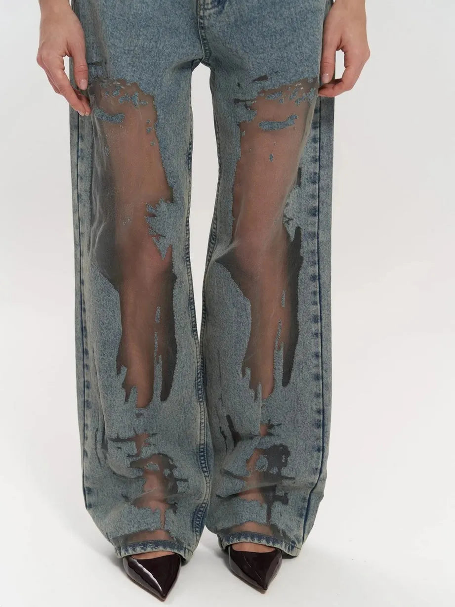 Trixie – Denim Bukser med Gennemsigtige Detaljer