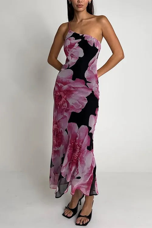 One Shoulder Cut Out Floral Print Maxi Cami Dress