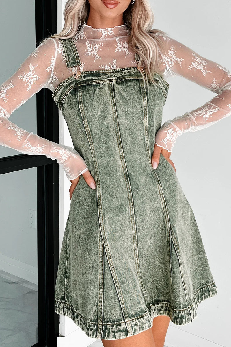 Casual Solid Color Distressed Buttons Square Neck Sleeveless Loose Denim Dresses