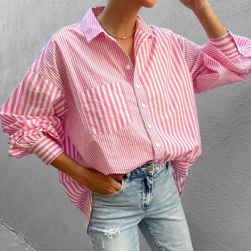 MAKENA | Oversized Dames Blouse - Gestreept Met Borstzakje