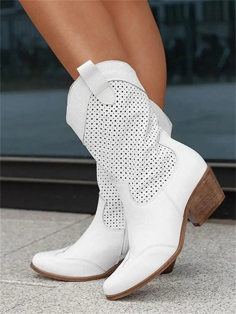 Cowboy-Stiefel - stilvolle Damenstiefel mit Perforationen und Blockabsatz