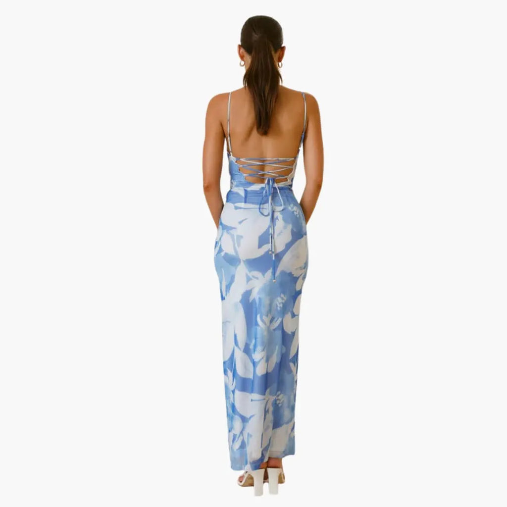 Womenâ€™s maxi dress with cowl neckline and lace-up back