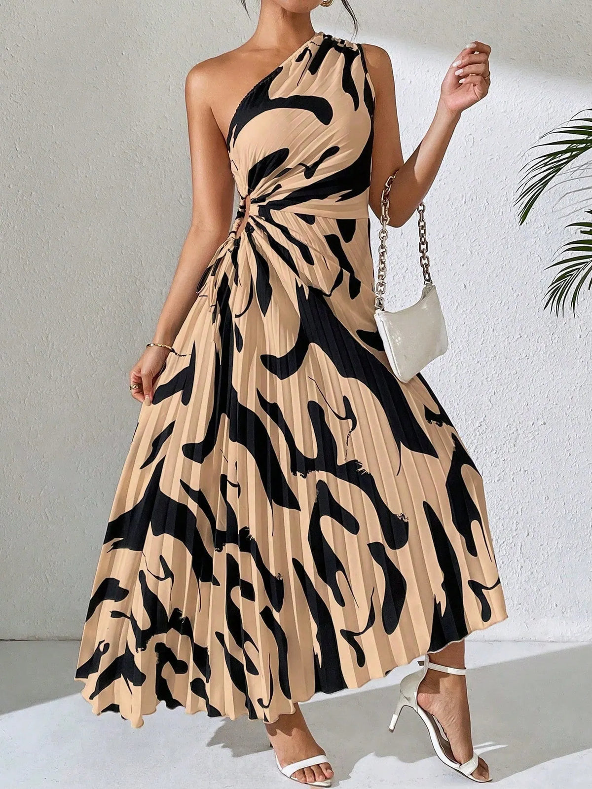 Vestido Midi Marrom com Preto Plissado Taise