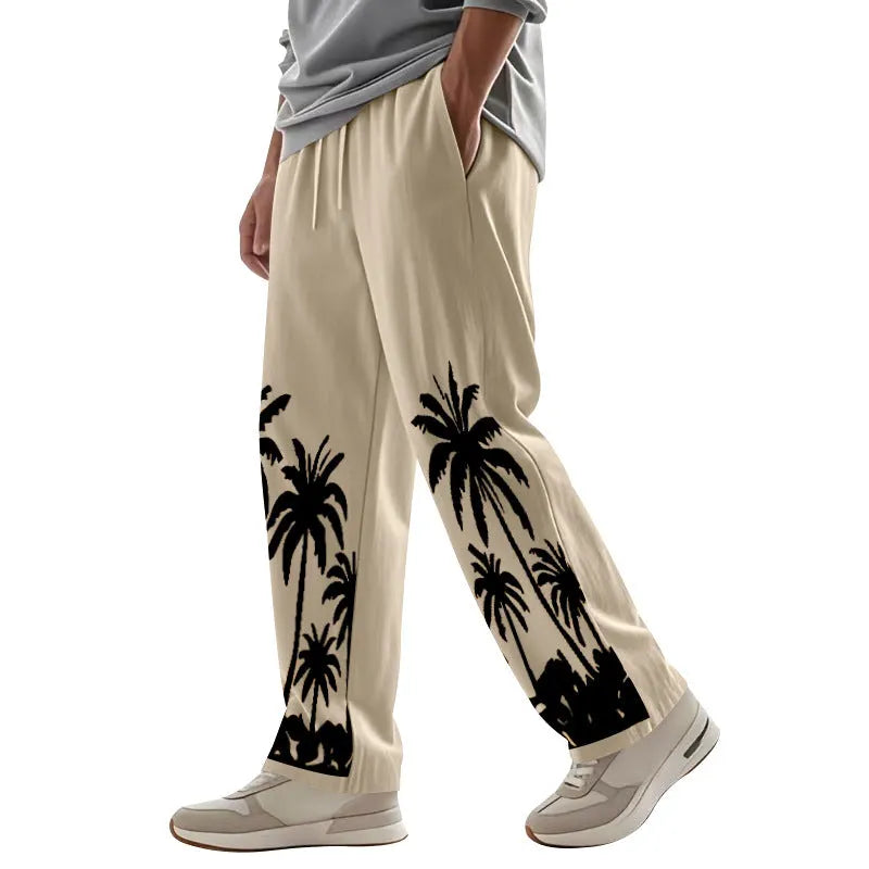 Herren nan weite Freizeit-Hose aus Baumwoll-Leinen-Mix mit Palmenprint, Elastikbund und Kordelzug