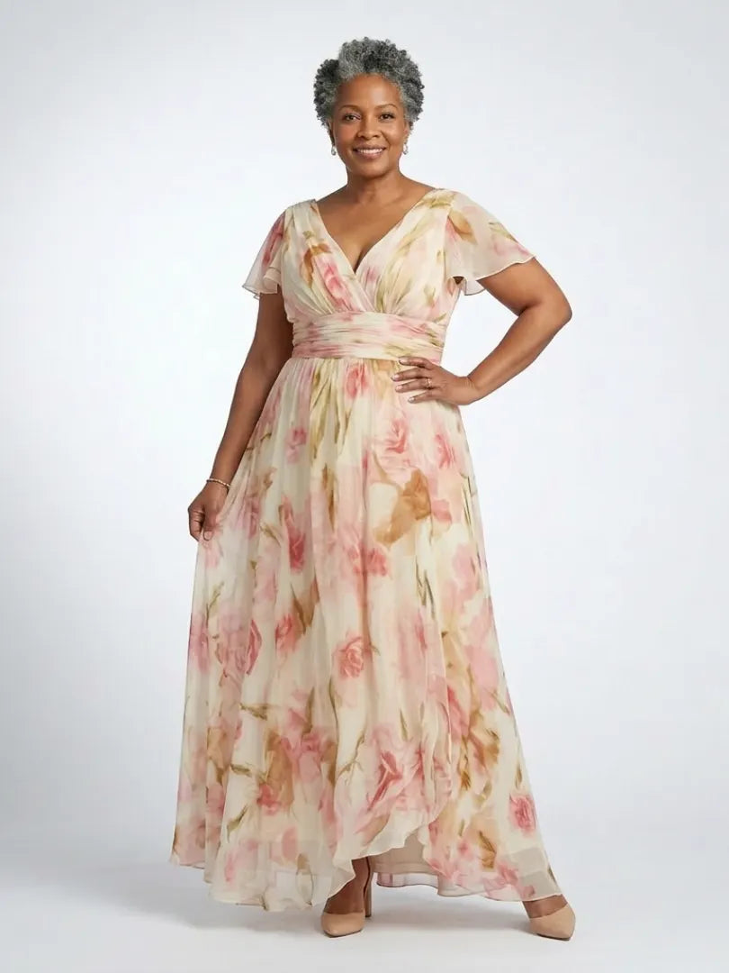 Elara | V Neck Short Sleeve Floral Maxi Dress