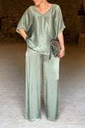 Casual Simplicity Solid Pocket V Neck Three Quarter Two Pieces(3 Colors)