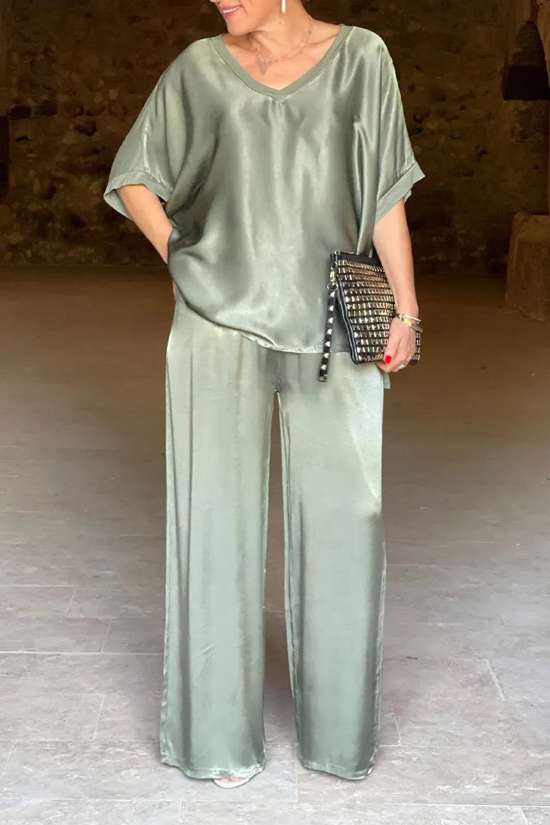 Casual Simplicity Solid Pocket V Neck Three Quarter Two Pieces(3 Colors)