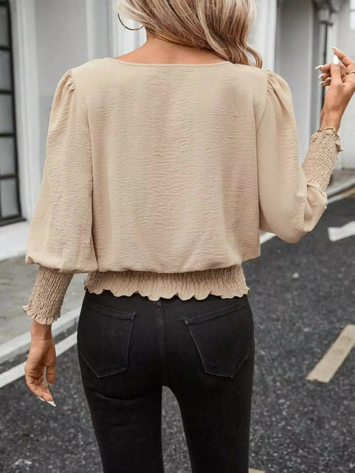 Smocked Waist Round Neck Blouse
