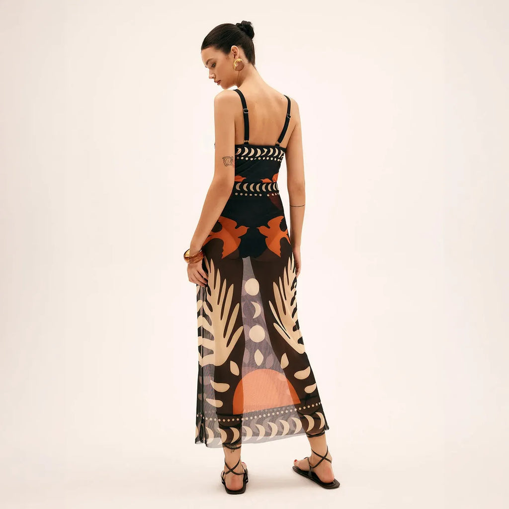 Maxikleid mit abstraktem Print und Schlüsselloch