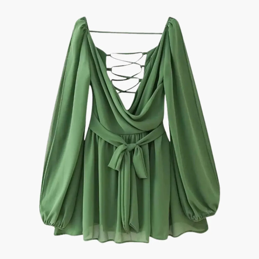 Womenâ€™s Airy Summer Mini Dress with Tie Waist and Balloon Sleeves