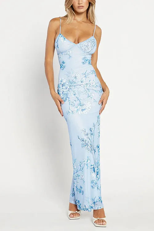 Spaghetti Strap V Neck Floral Print Bodycon Maxi Dress