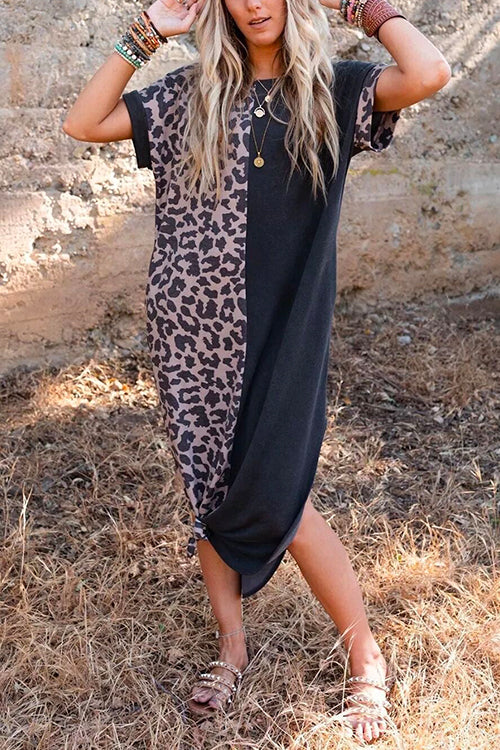 Curve Hem Side Split Leopard Splice Long Dress