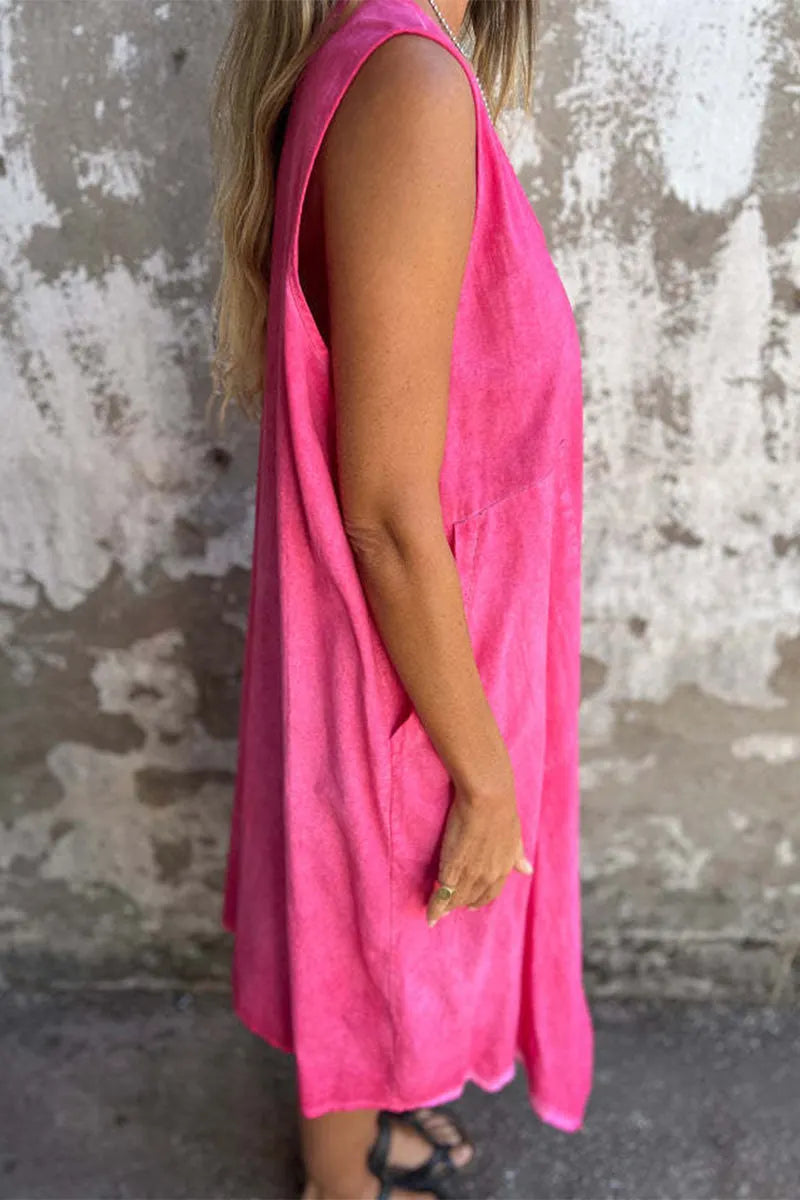 Casual Solid Color Pocket Buttons O Neck Sleeveless Dresses