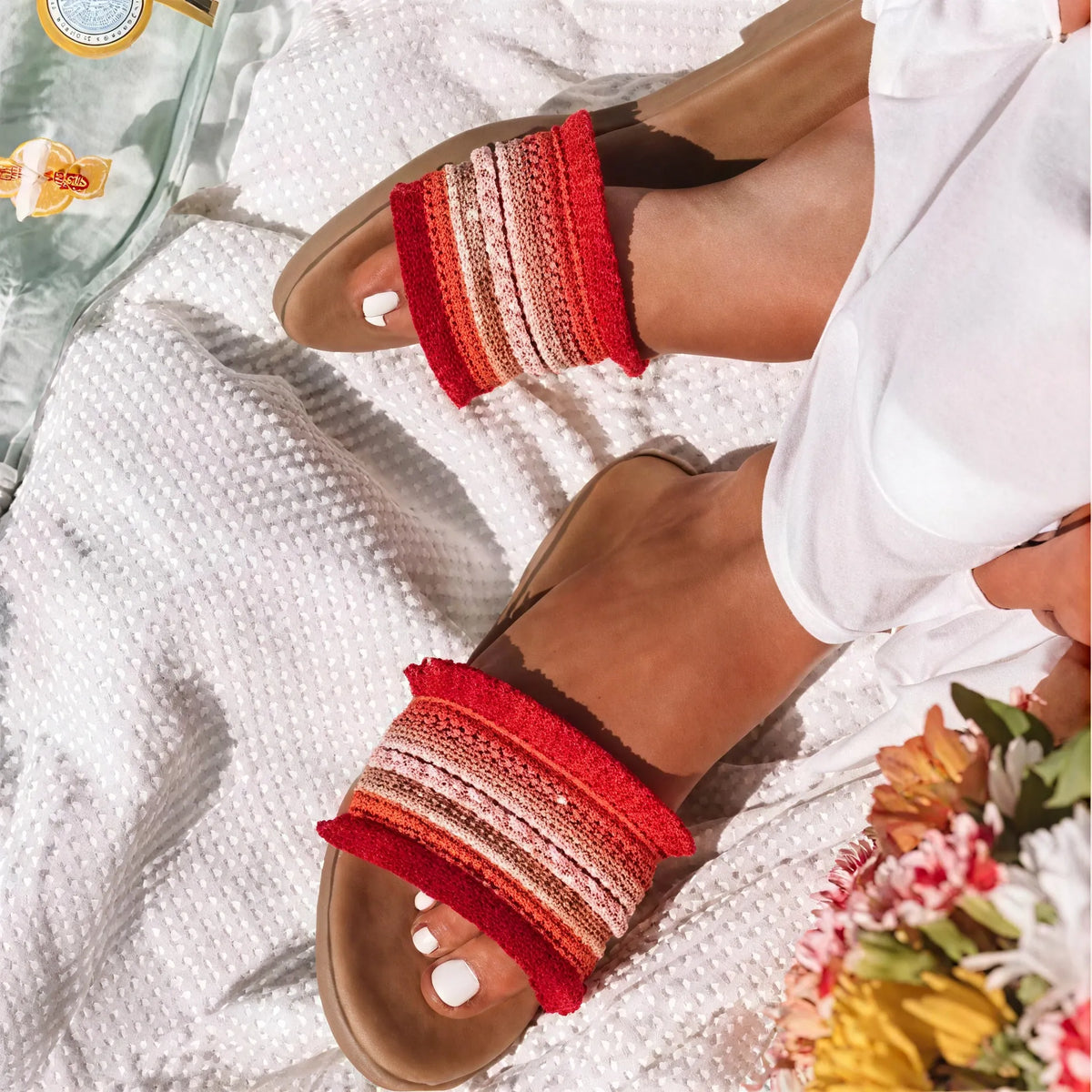 Boho Slide-Sandalen – Bestickte Riemen mit Fransen