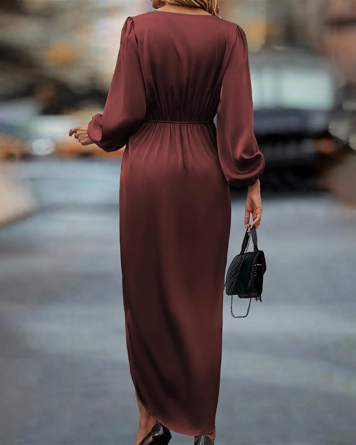 Elegante V-Hals Jurk Voor Dames | Luxe Lantaarnmouw Midi Jurk