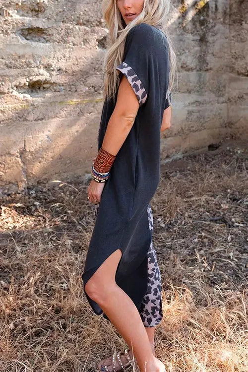 Curve Hem Side Split Leopard Splice Long Dress