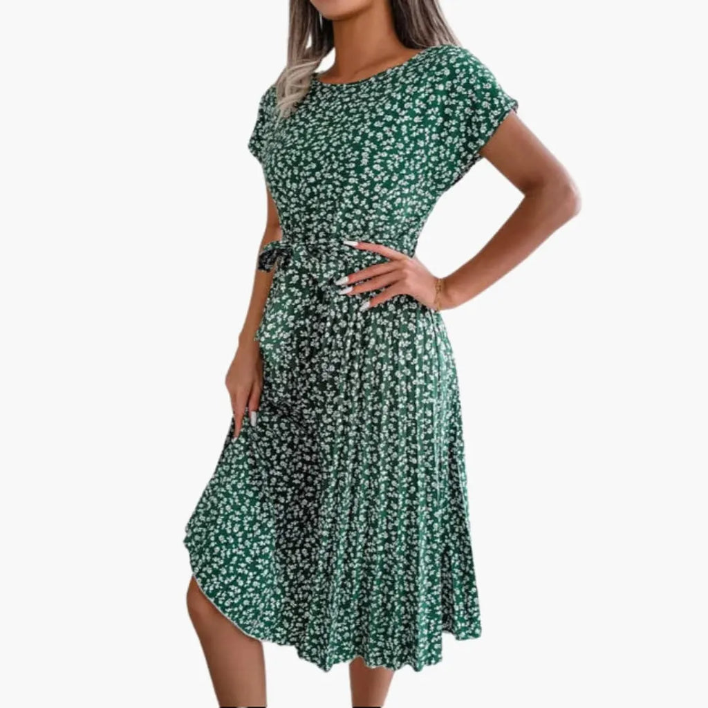 Womenâ€™s Summer Dress with Belted Waist and Floral Print