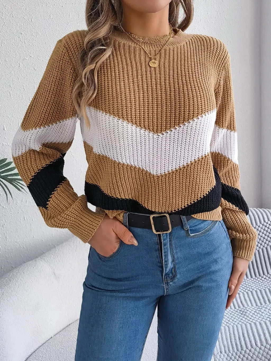 Chevron Stripe Color Block Round Neck Sweater