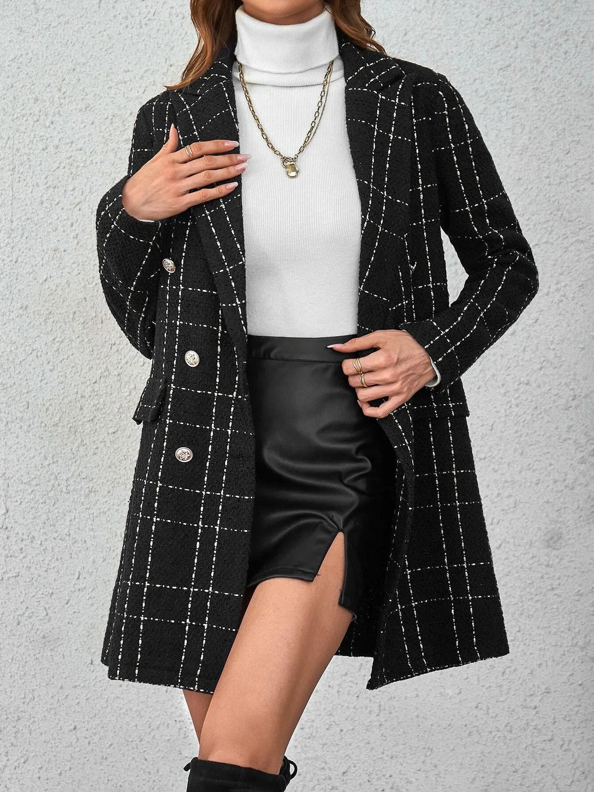 Casaco Feminino Sobretudo Xadrez Trespassado Preto