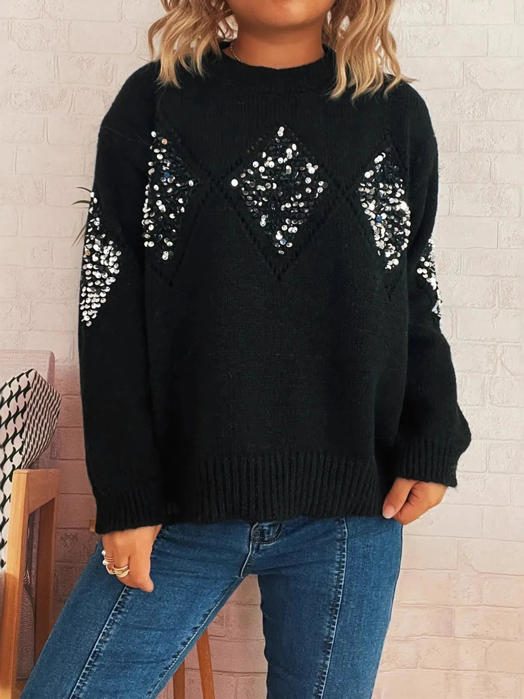 Sequined Diamond Pattern Oversized Sweater