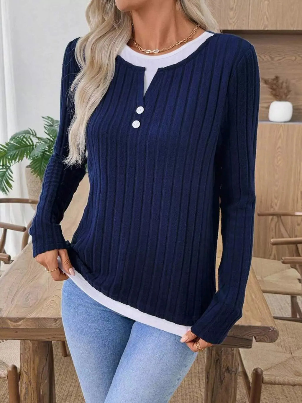 Ribbed Knit Button Detail Contrast Sweater