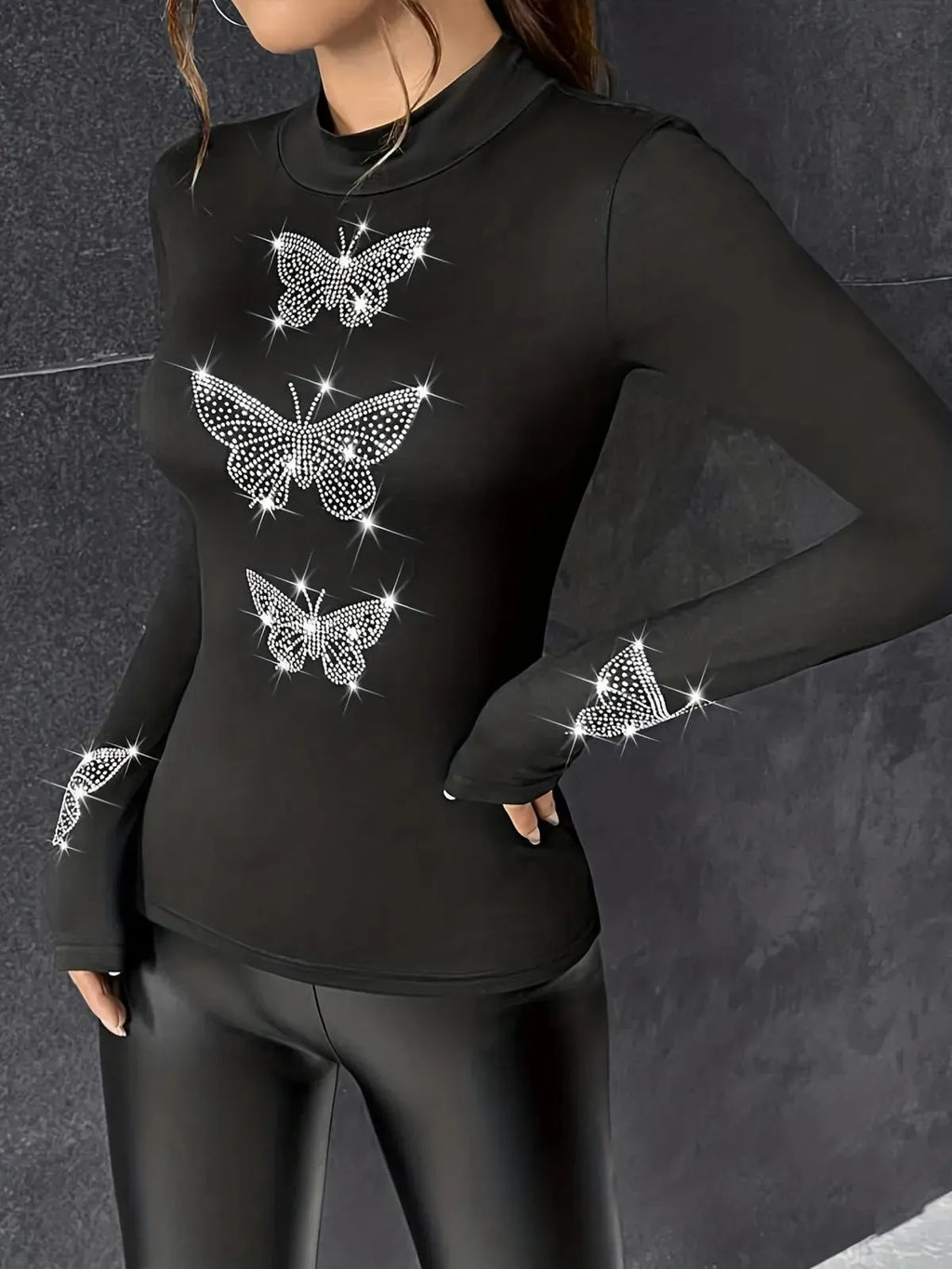 Long-sleeved tight-fitting top with rhinestone butterfly print