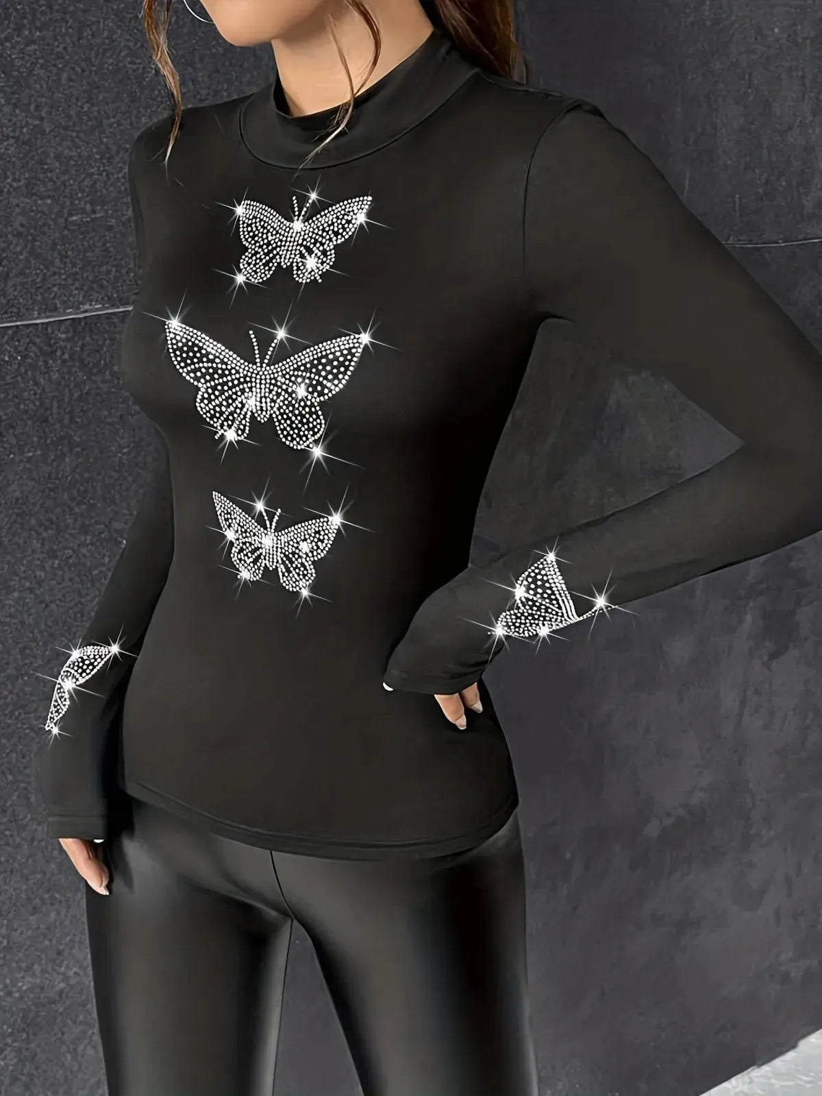 Long-sleeved tight-fitting top with rhinestone butterfly print