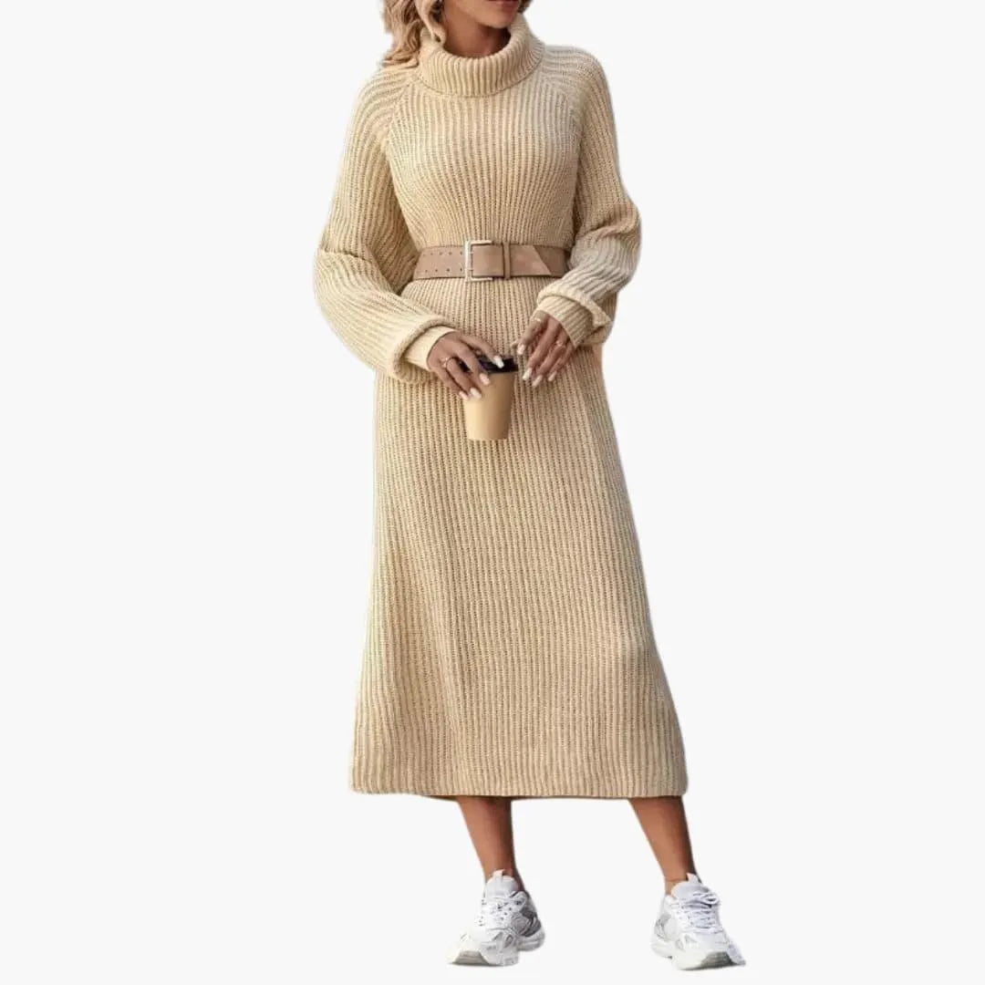 Women's Midi Dress with Turtleneck and Side Slits