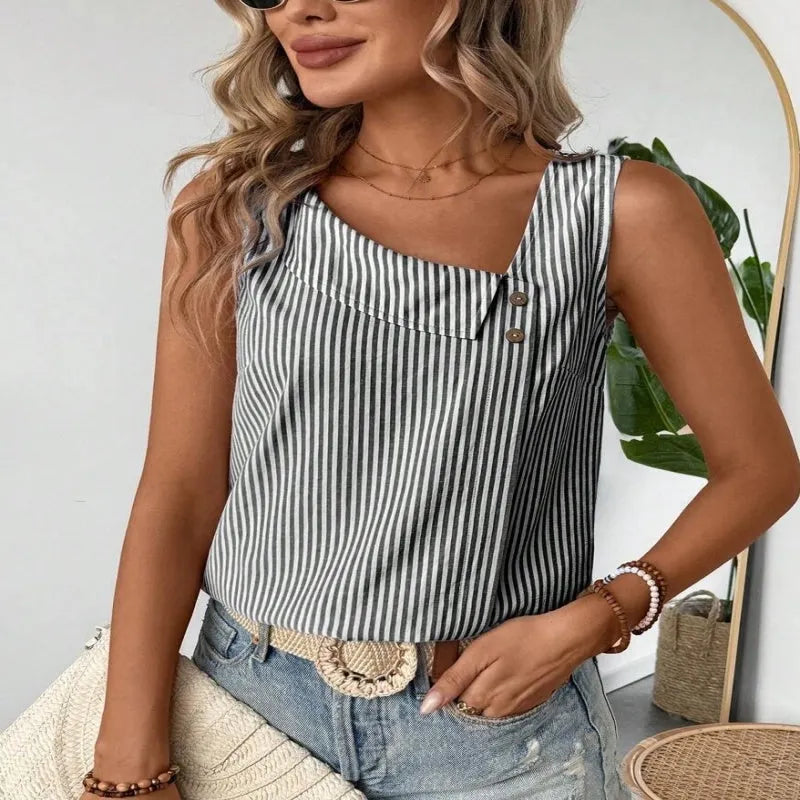 Sleeveless top with diagonal collar