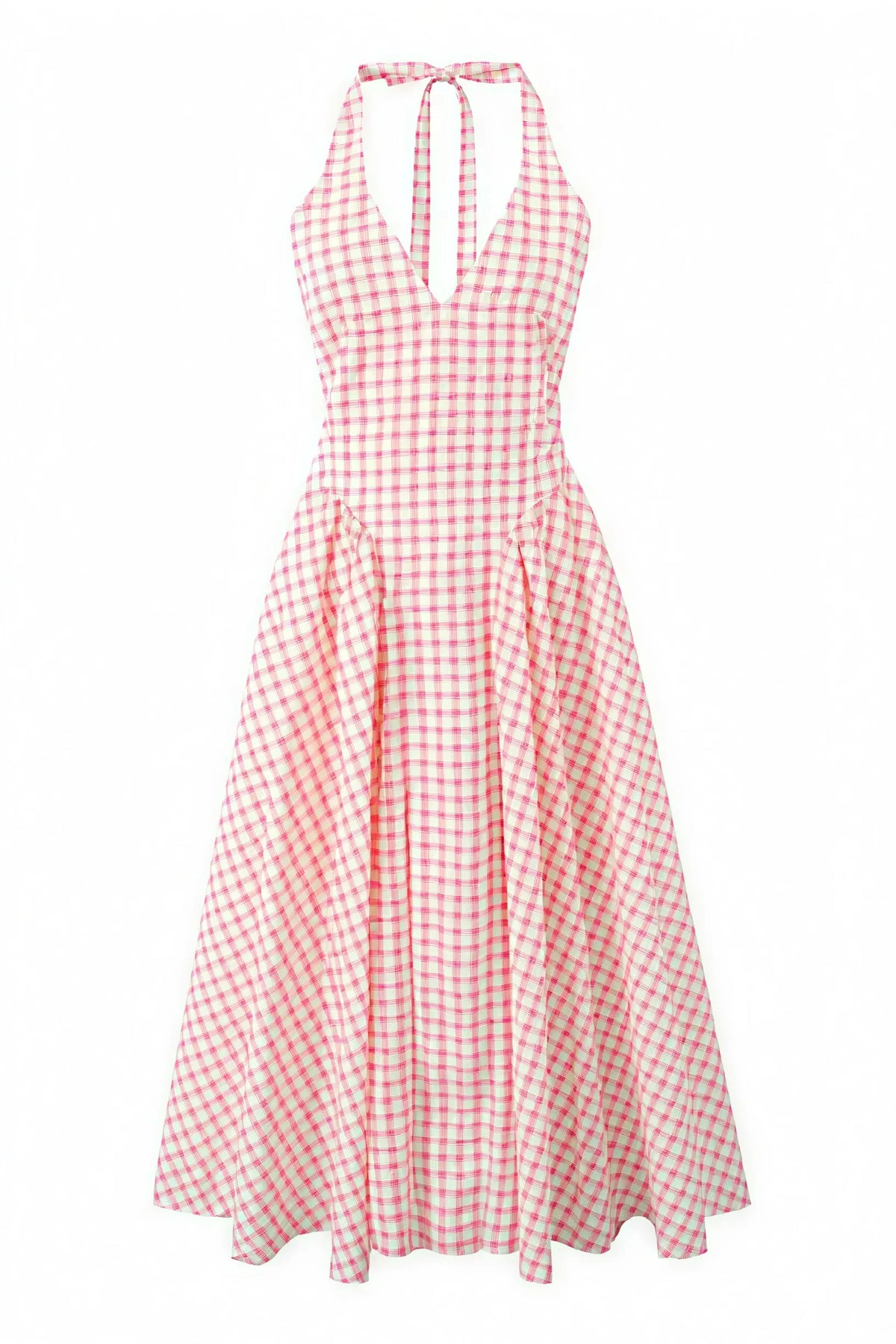Gingham Plisseekleid – Rosa V-Ausschnitt